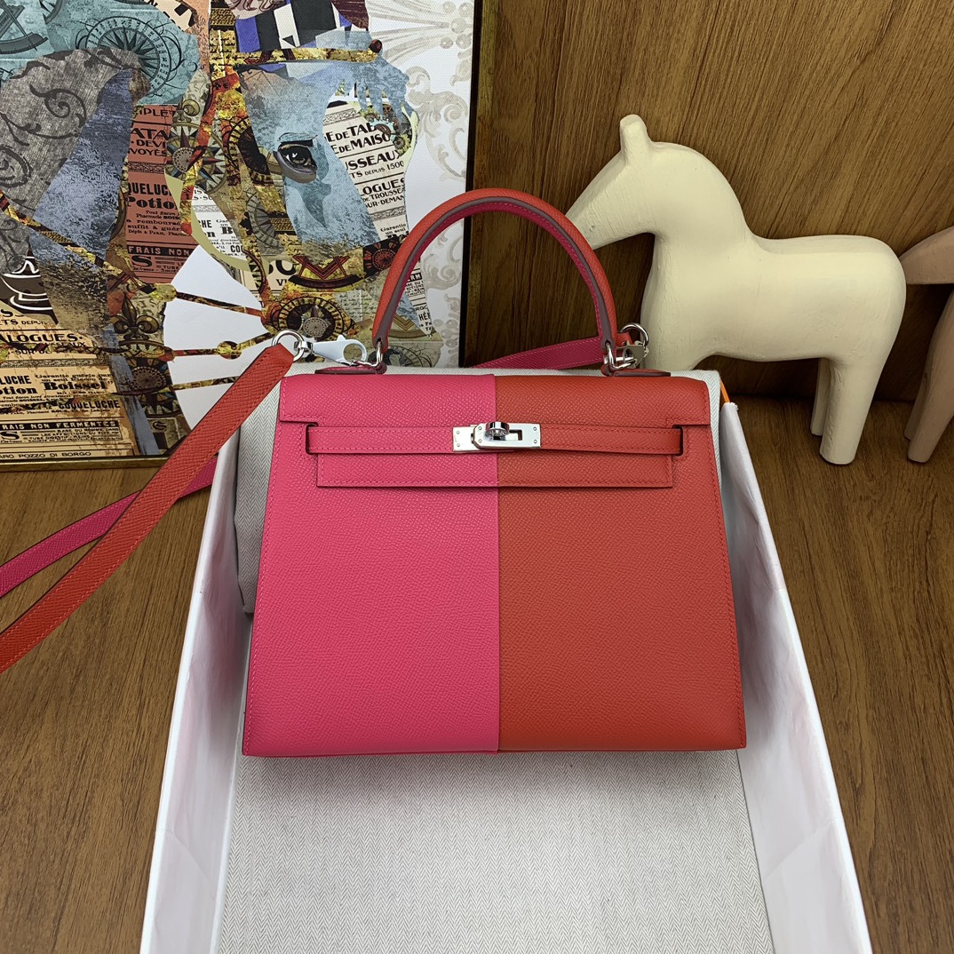 Bagsaaa H**me5 Kelly 25cm Epsom Leather Pink and Red