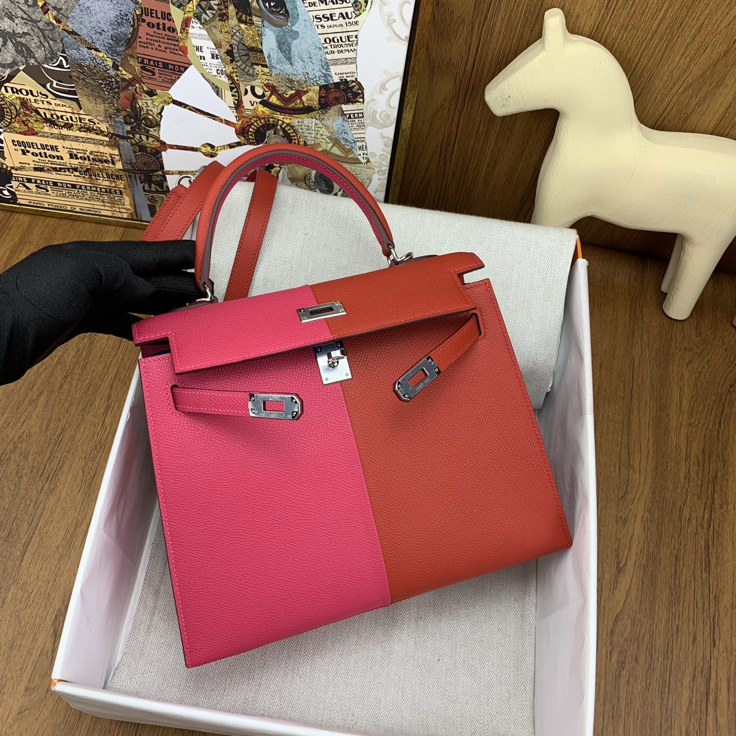 Bagsaaa H**me5 Kelly 25cm Epsom Leather Pink and Red