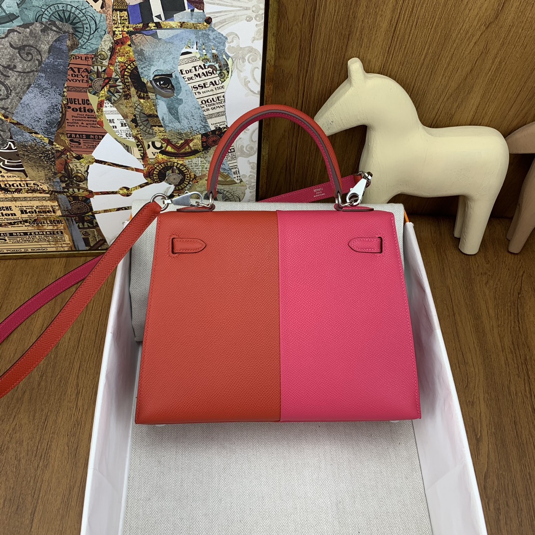 Bagsaaa H**me5 Kelly 25cm Epsom Leather Pink and Red