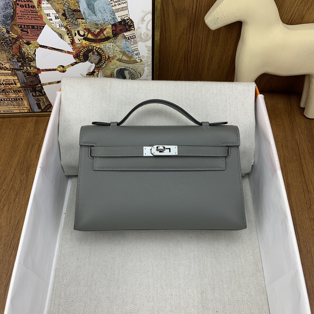 Bagsaaa H**me5 Pochette swift leather 22cm grey 