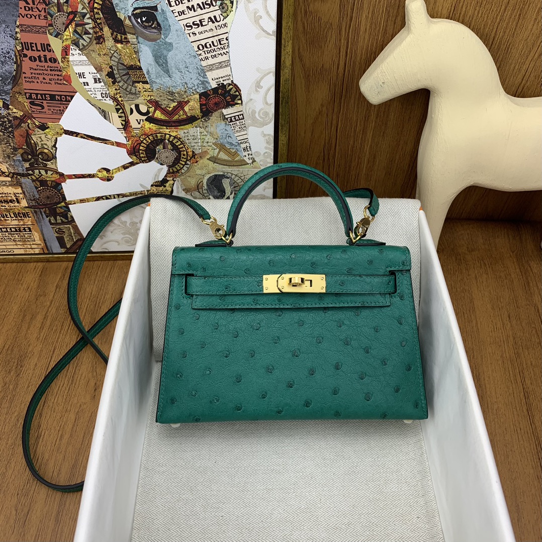 Bagsaaa H**me5 Mini Kelly Ostrich Leather in Green 19cm