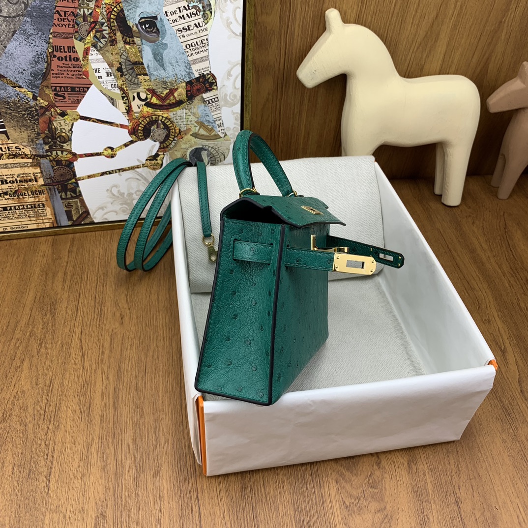 Bagsaaa H**me5 Mini Kelly Ostrich Leather in Green 19cm