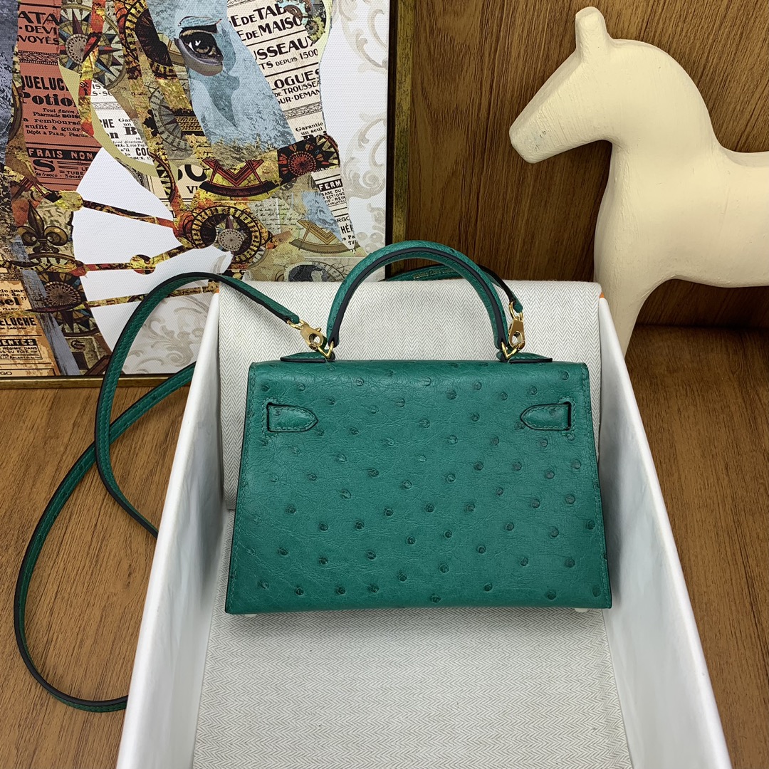 Bagsaaa H**me5 Mini Kelly Ostrich Leather in Green 19cm
