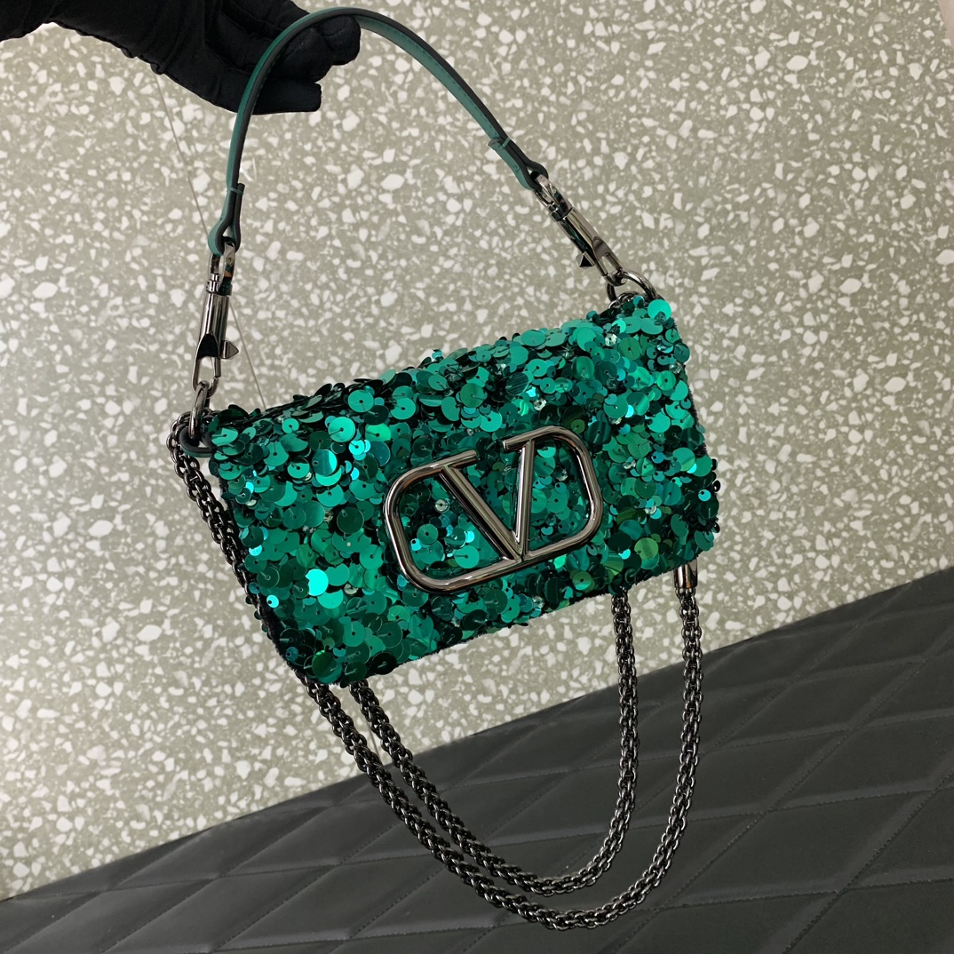 Bagsaaa Va1e*ntin0 VLogo Signature Foldover Top Mini Green Shoulder Bag - 19x10.5x5cm