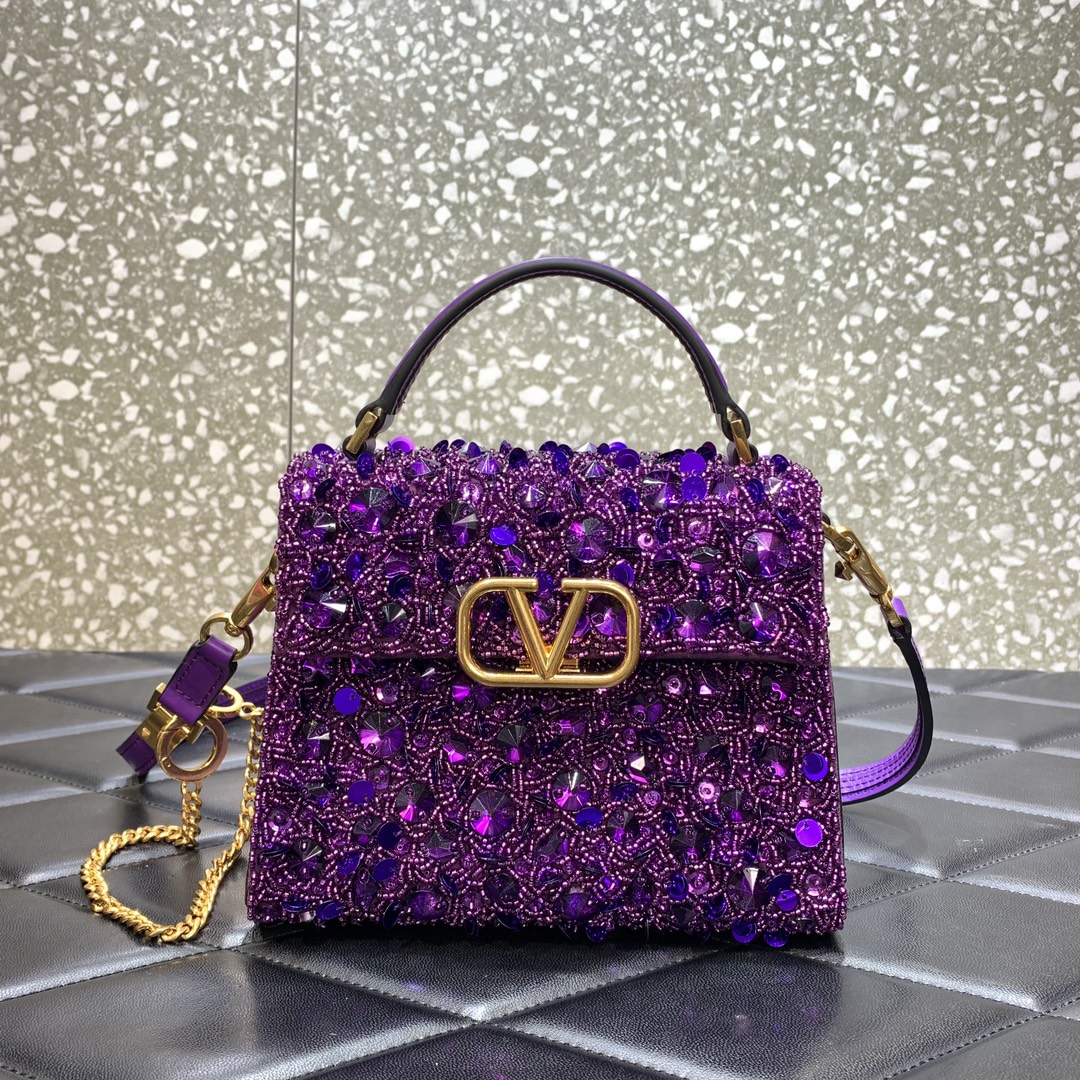 Bagsaaa Va1e*ntin0 Garavani Embellished Locó Top-Handle 3D Sequins Purple Bag - 19x13x9cm