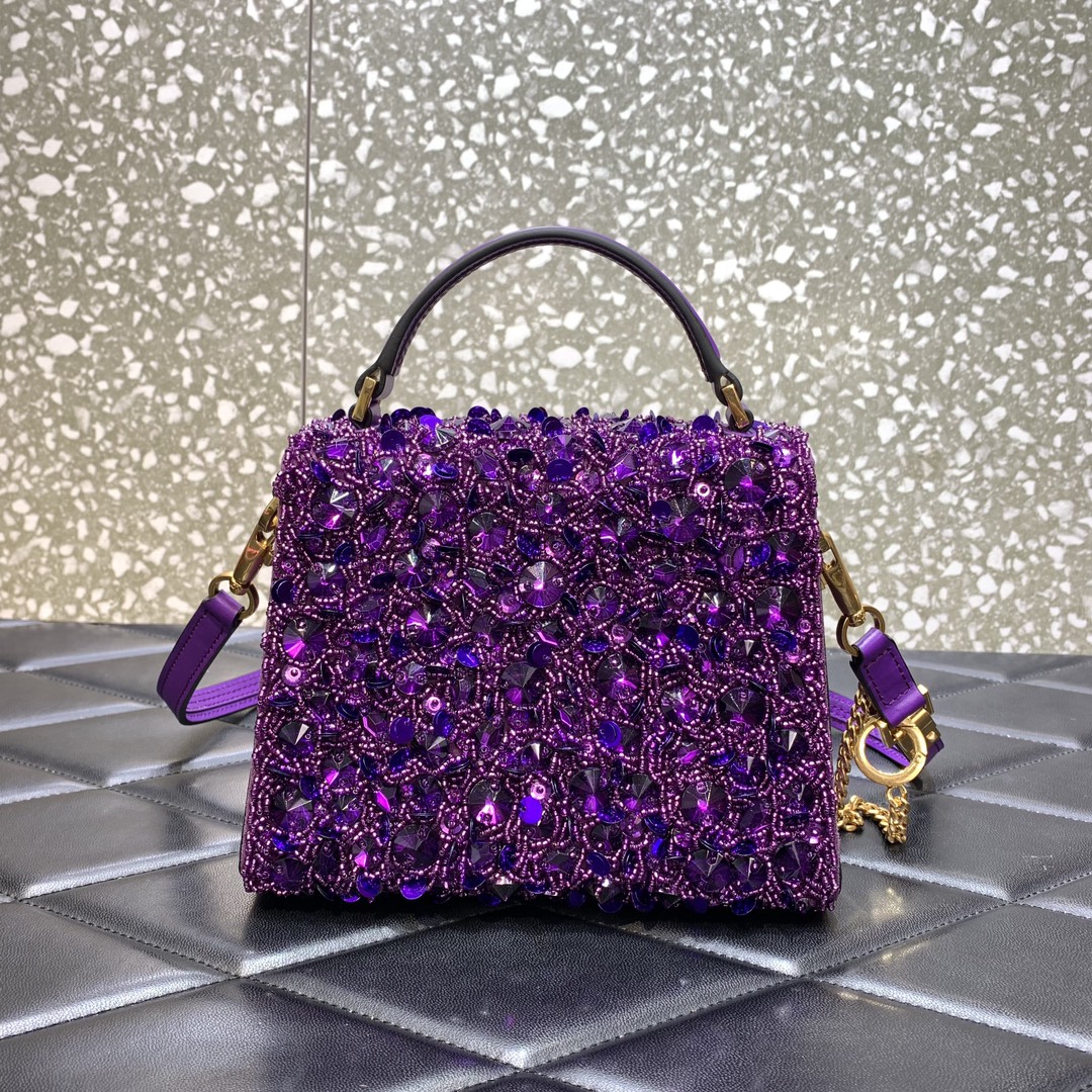 Bagsaaa Va1e*ntin0 Garavani Embellished Locó Top-Handle 3D Sequins Purple Bag - 19x13x9cm
