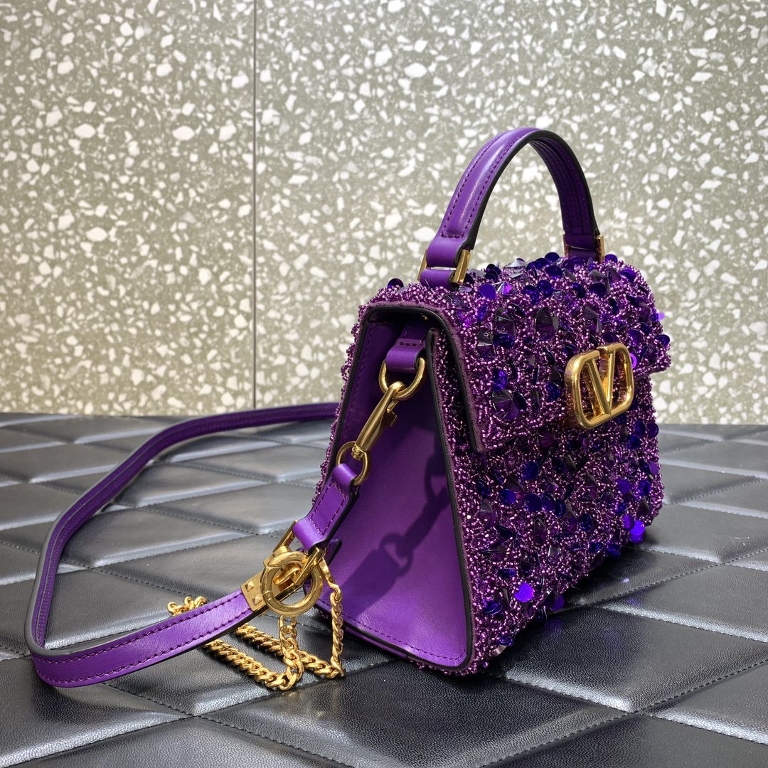 Bagsaaa Va1e*ntin0 Garavani Embellished Locó Top-Handle 3D Sequins Purple Bag - 19x13x9cm