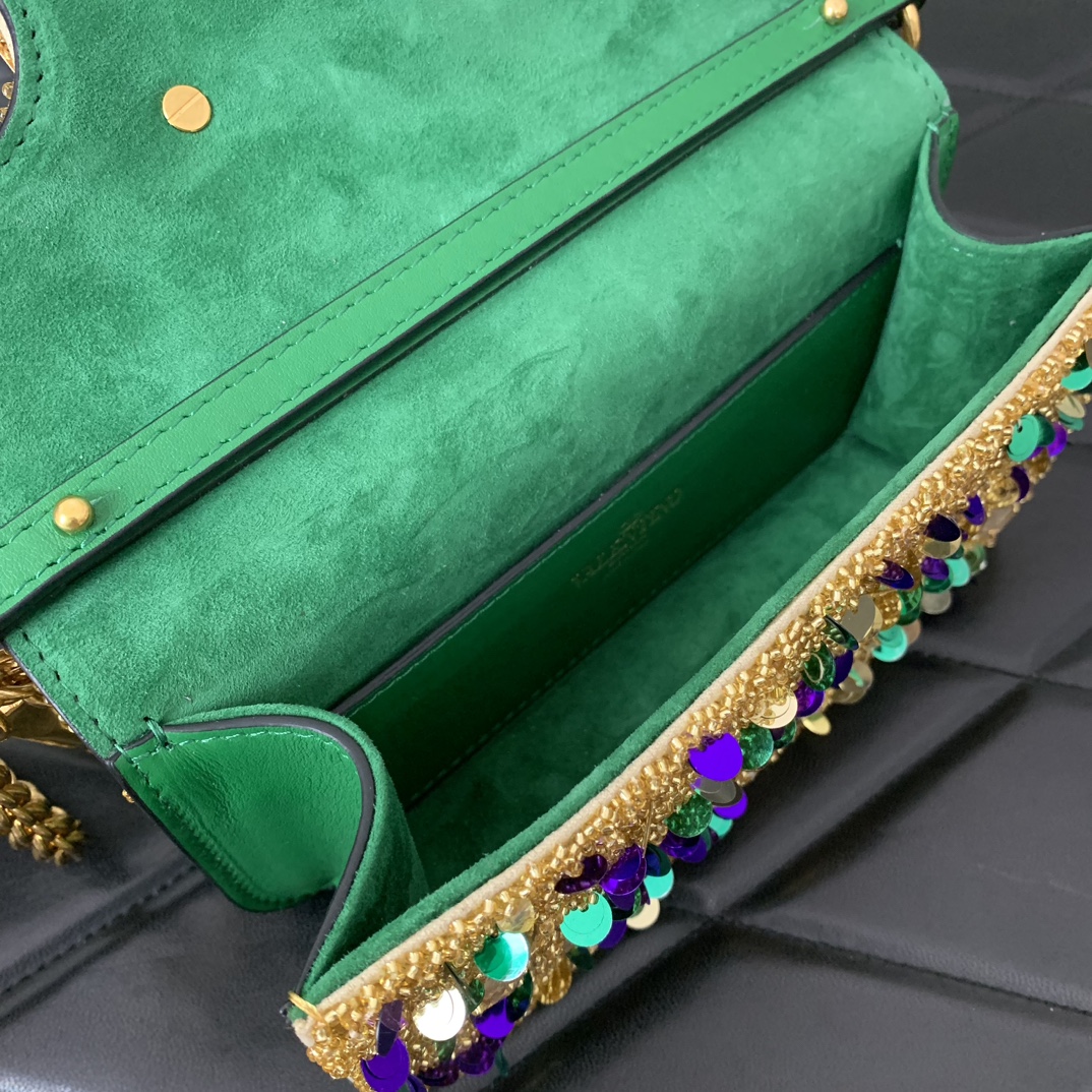 Bagsaaa Va1e*ntin0 Garavani Embellished VLOGO Signature Mini Yellow Shoulder Bag - 19x10.5x5cm