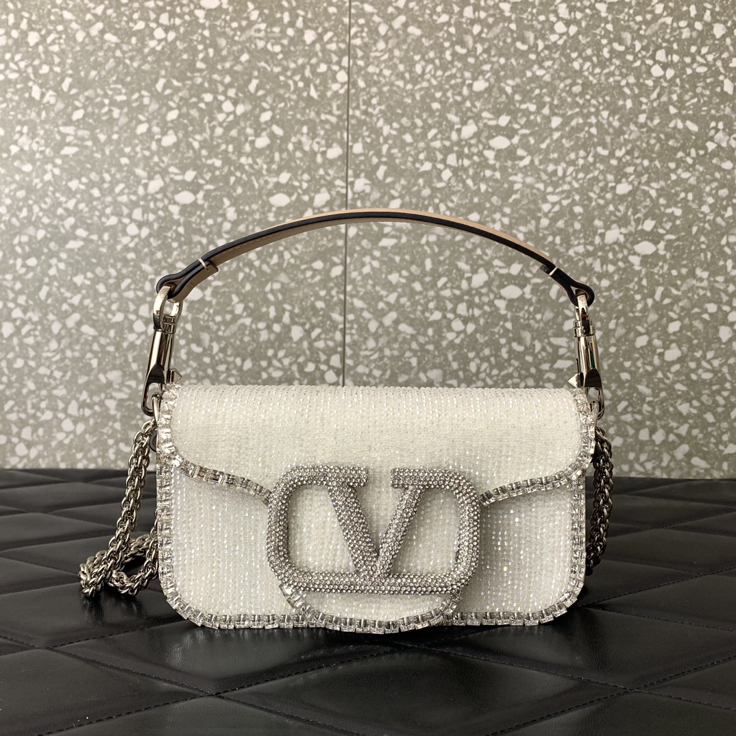 Bagsaaa Va1e*ntin0 Garavani Loco Small VLOGO White Crystal Shoulder Bag