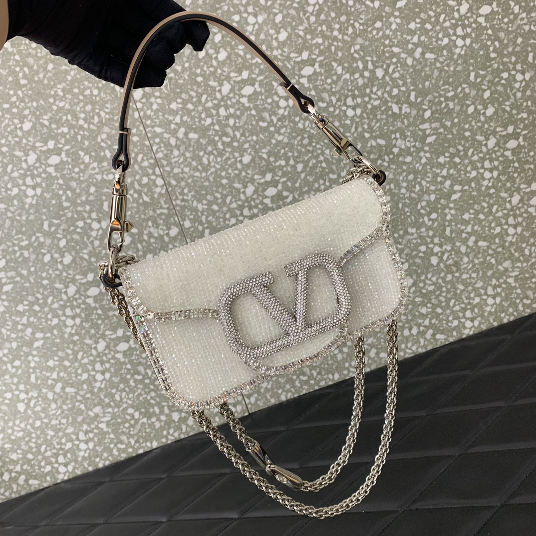 Bagsaaa Va1e*ntin0 Garavani Loco Small VLOGO White Crystal Shoulder Bag
