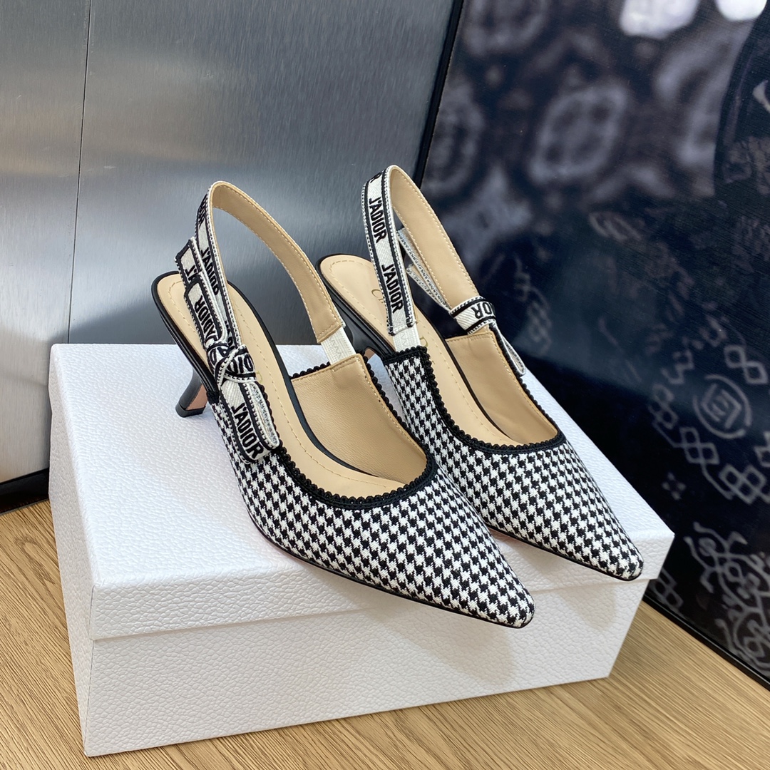 BAGSAAA D10r J'AD10r SLINGBACK PUMP Black and White Micro-Houndstooth Embroidered Cotton