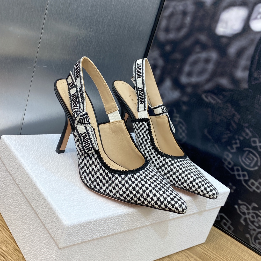 BAGSAAA D10r J'AD10r SLINGBACK PUMP Black and White Micro-Houndstooth Embroidered Cotton 10cm