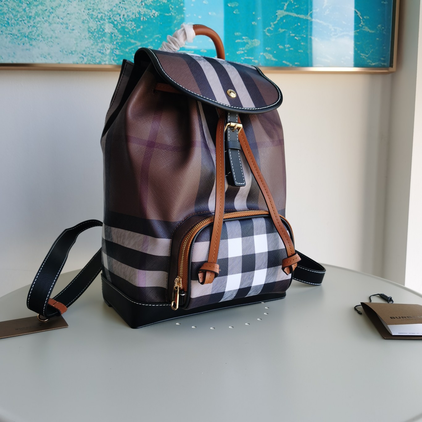 Bagsaaa Bv*b*rry Check-print leather brown backpack - 24x13x37cm