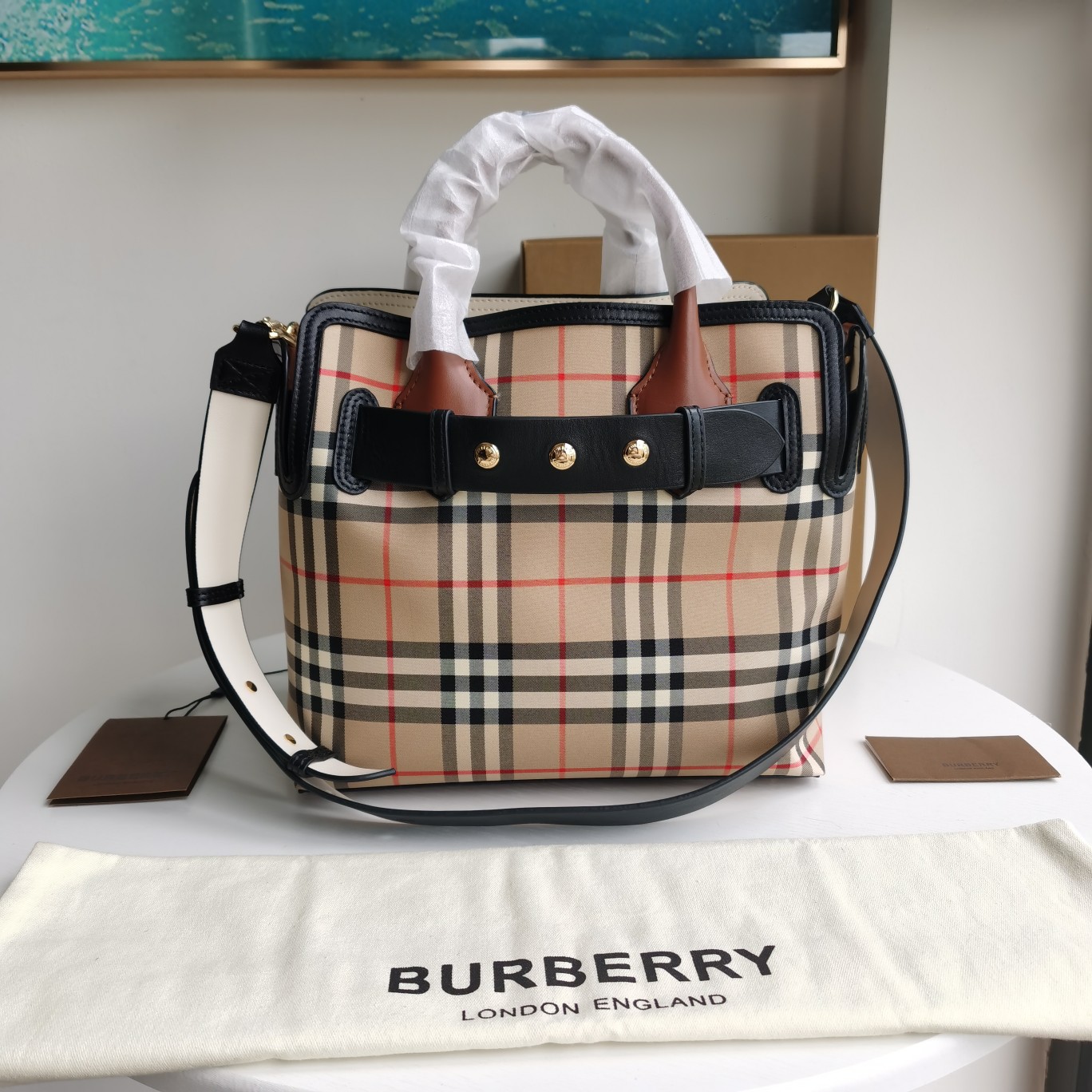 Bagsaaa Bv*b*rry Mini Vintage Check Triple Stud Belt Bag- Archive Beige - 36 x 15.5 x 23cm
