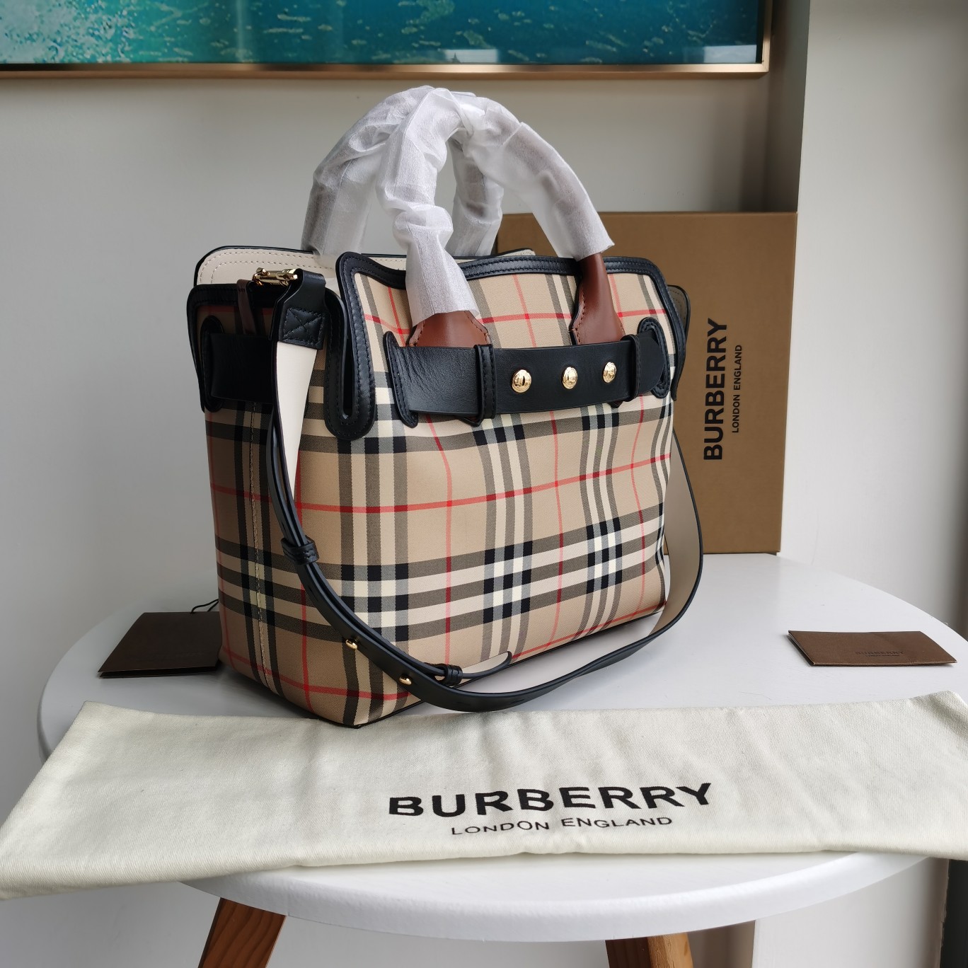 Bagsaaa Bv*b*rry Mini Vintage Check Triple Stud Belt Bag- Archive Beige - 36 x 15.5 x 23cm