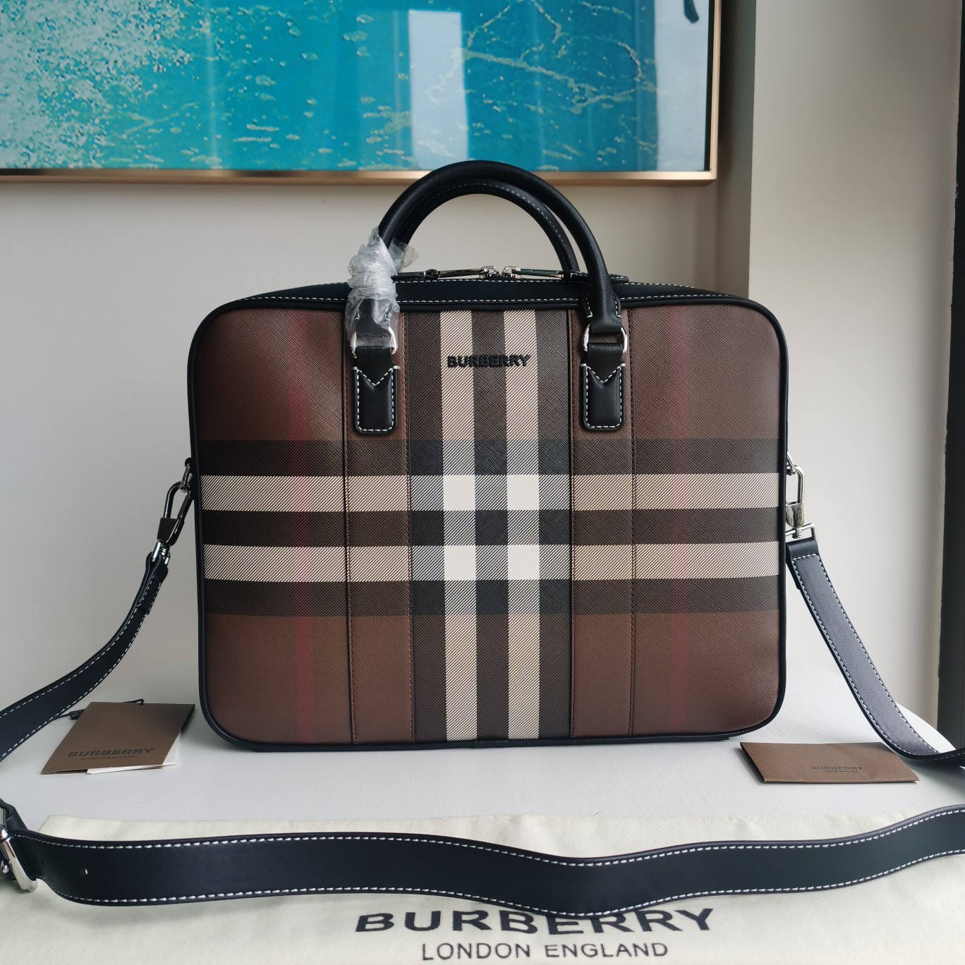 Bagsaaa Bv*b*rry Ainsworth Giant Check-E Canvas Briefcase Bag Dark Birch Brown - 38 x 9 x 28cm