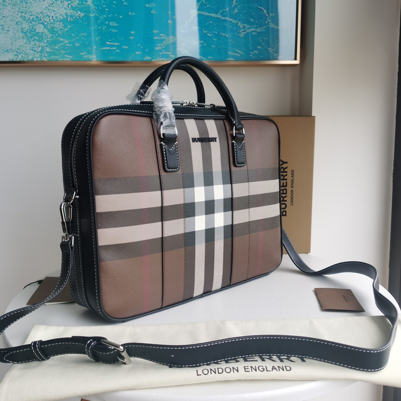 Bagsaaa Bv*b*rry Ainsworth Giant Check-E Canvas Briefcase Bag Dark Birch Brown - 38 x 9 x 28cm