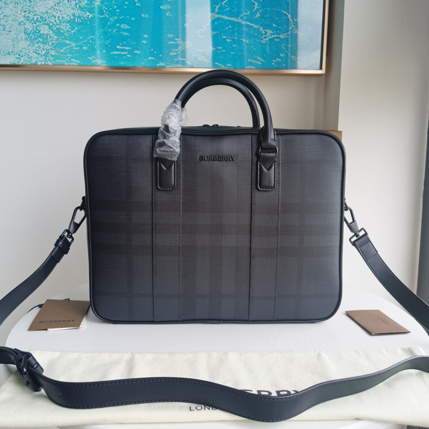 Bagsaaa Bv*b*rry Ainsworth Giant Check-E Canvas Briefcase Bag Black - 38 x 9 x 28cm