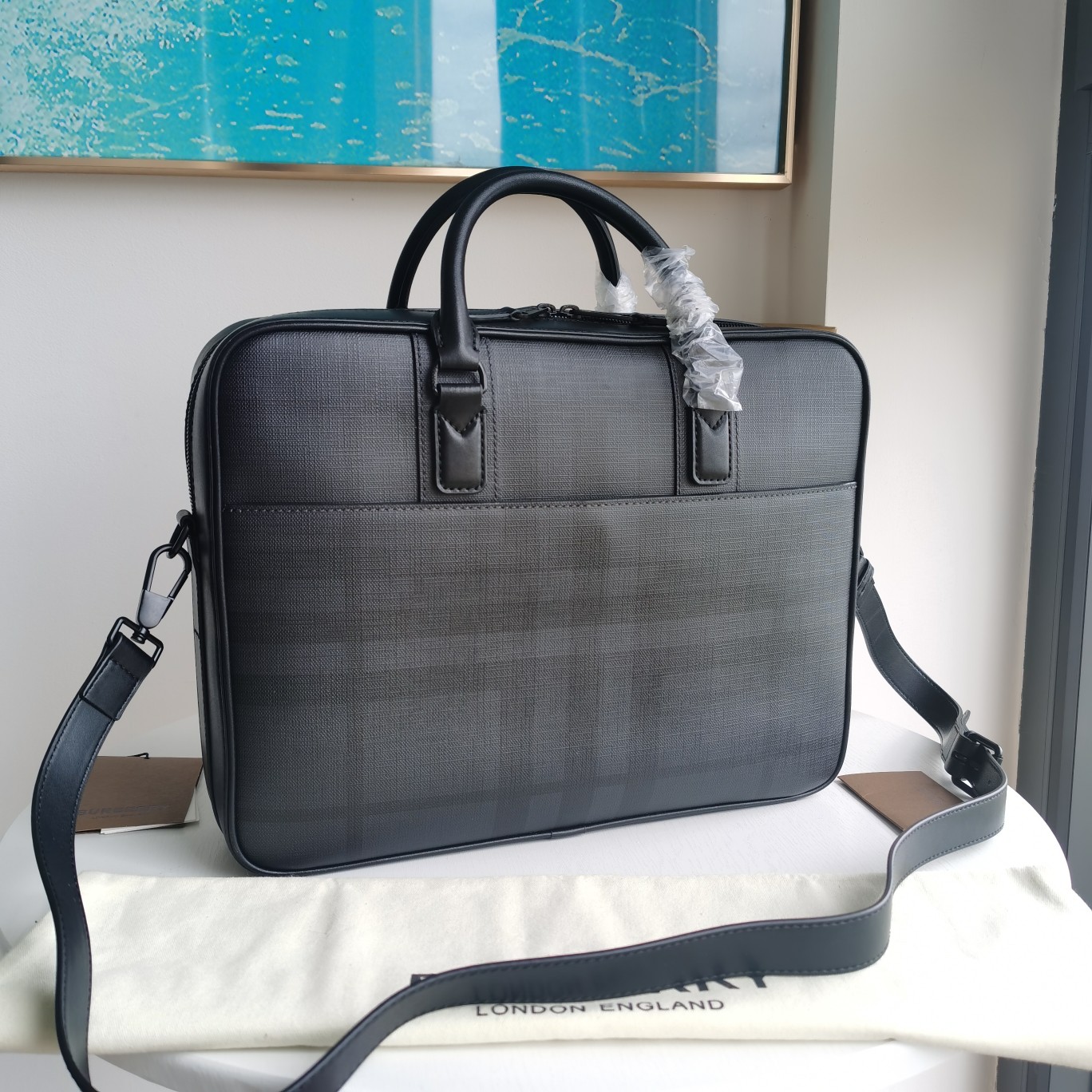 Bagsaaa Bv*b*rry Ainsworth Giant Check-E Canvas Briefcase Bag Black - 38 x 9 x 28cm
