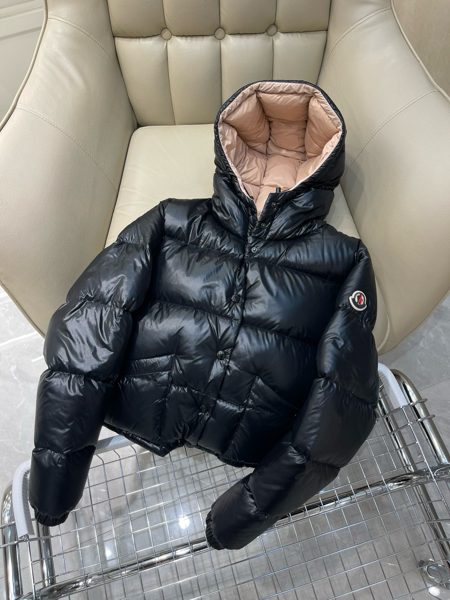 Bagsaaa Moncler Short Down Black And Beige Jacket With Detachable hood