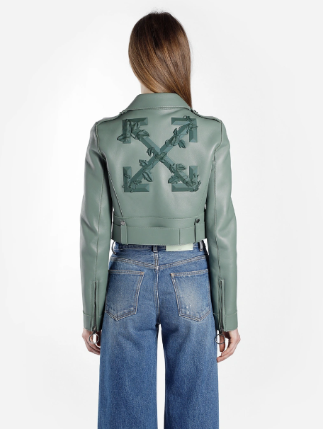 Bagsaaa Off White C/o Virgil Abloh Green Cropped Biker Leather Jacket