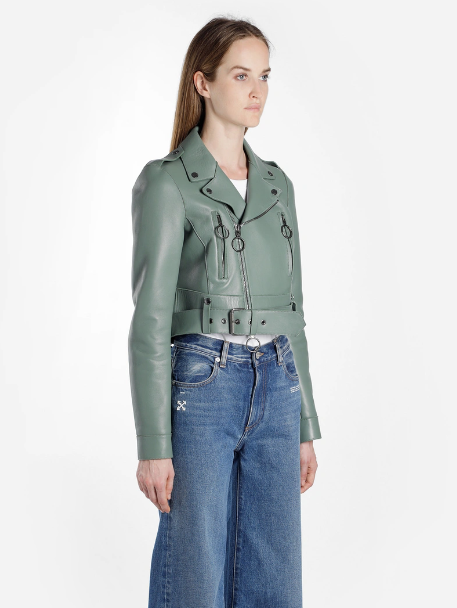Bagsaaa Off White C/o Virgil Abloh Green Cropped Biker Leather Jacket