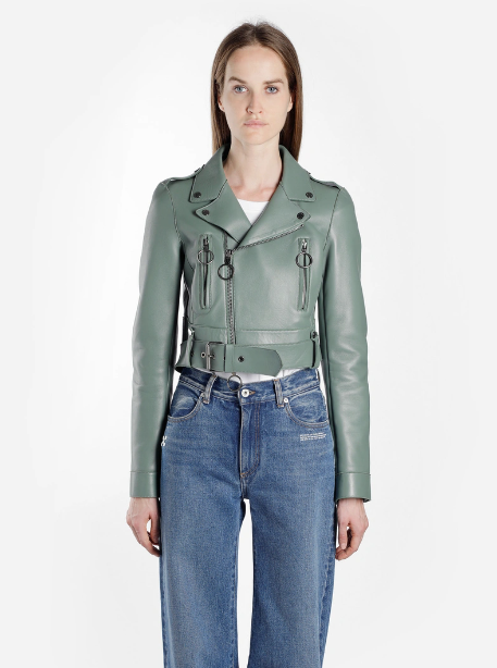 Bagsaaa Off White C/o Virgil Abloh Green Cropped Biker Leather Jacket