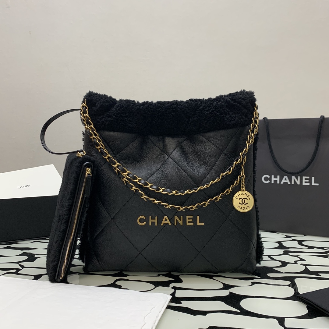 Bagsaaa Ch**el 22 Bag Black Gold Hardware - 30×30x8cm (37cm)
