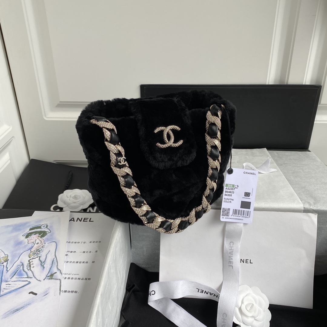 Bagsaaa Ch**el Black Fur Bucket Bag - 16*18*12cm