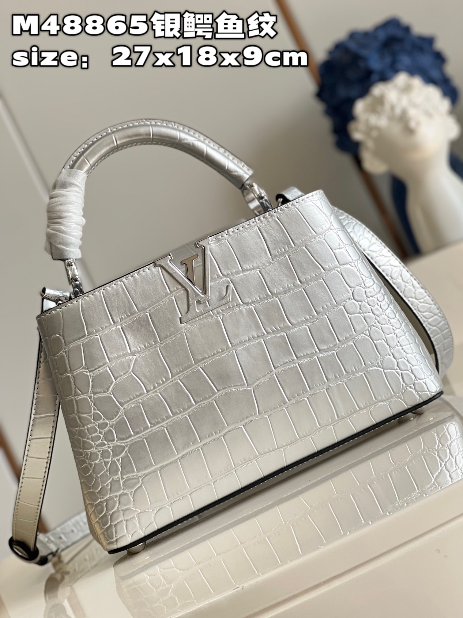 Bagsaaa L0vis Vvtt0n Capucines MM Crocodile in Silver - 27x18x9cm