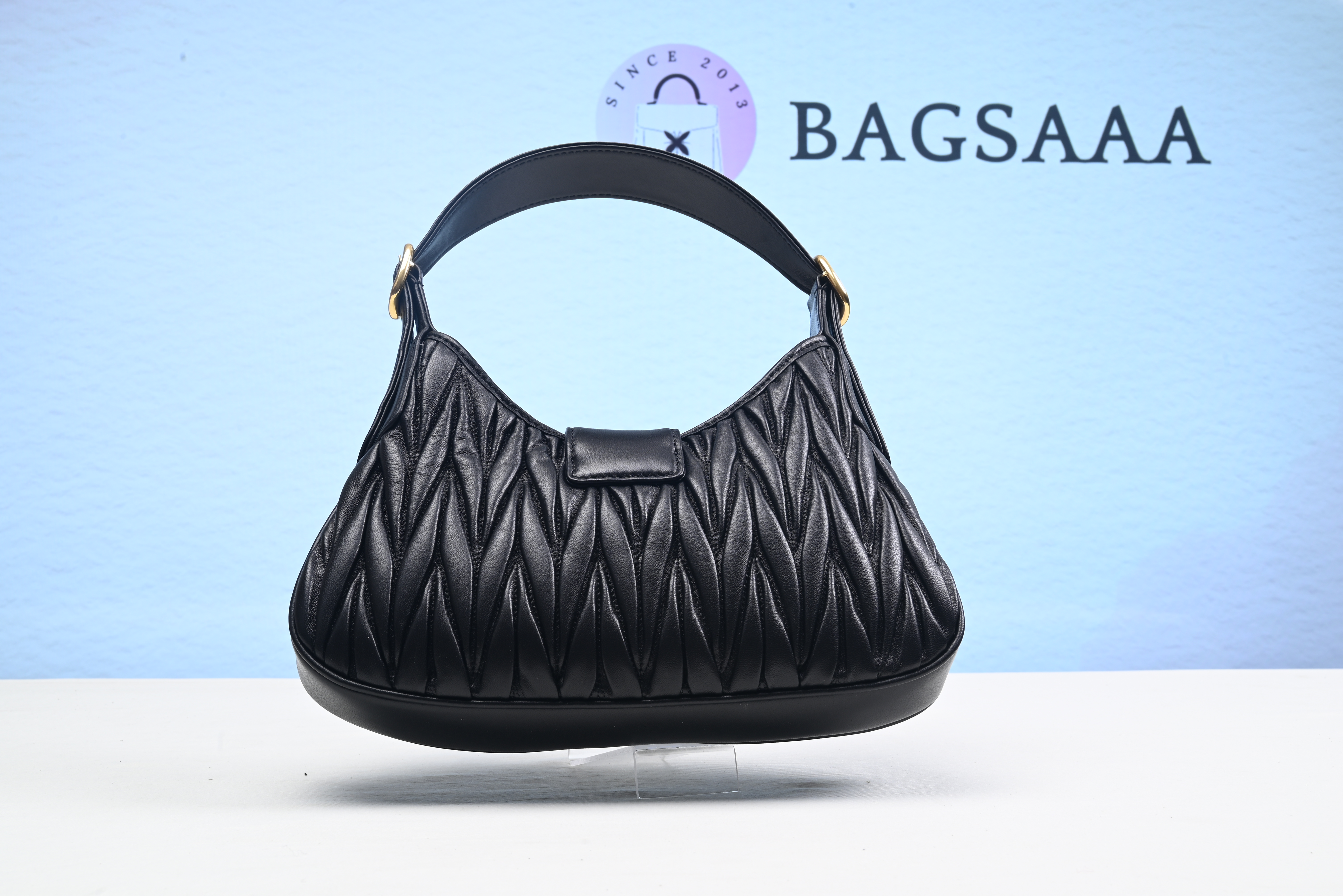 Bagsaaa Black Matelassé Nappa Leather Hobo Bag - 29x20x3.5cm
