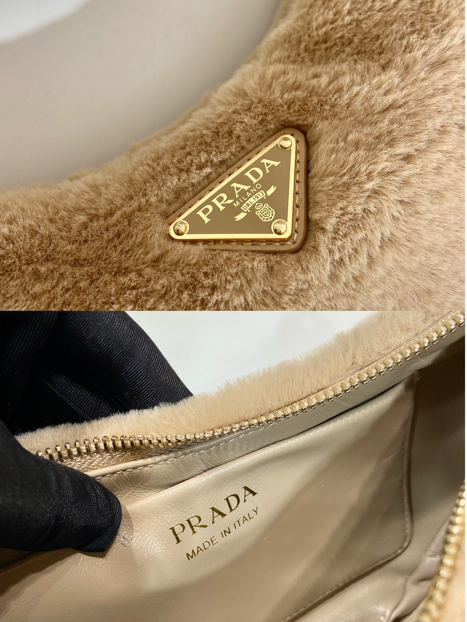 Pra*a Arqué shearling and leather shoulder bag beige - 22.5x18.5x6.5cm