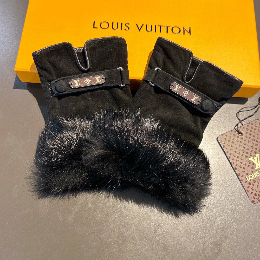 Bagsaaa L0vis Vvtt0n Half Finger Black Fur Gloves