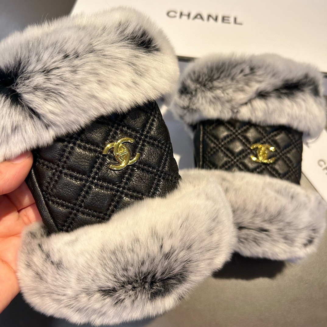 Bagsaaa Ch**el Half Finger White Fur Leather Gloves