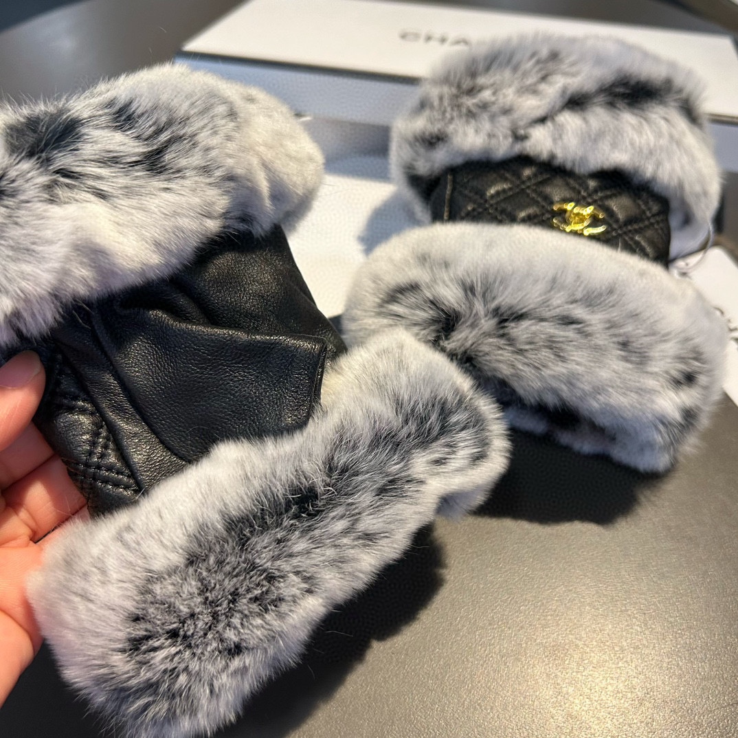 Bagsaaa Ch**el Half Finger White Fur Leather Gloves