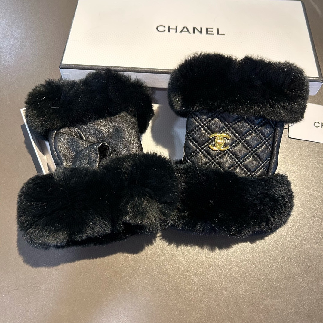 Bagsaaa Ch**el Half Finger Black Fur Leather Gloves 02
