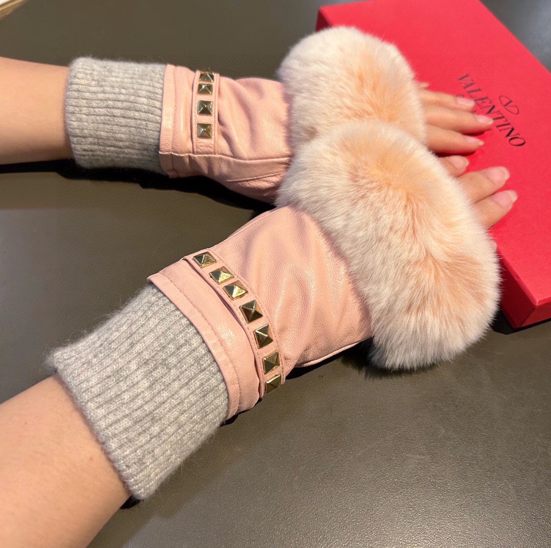Bagsaaa Va1e*ntin0 Half Finger Fur Pink Leather Gloves