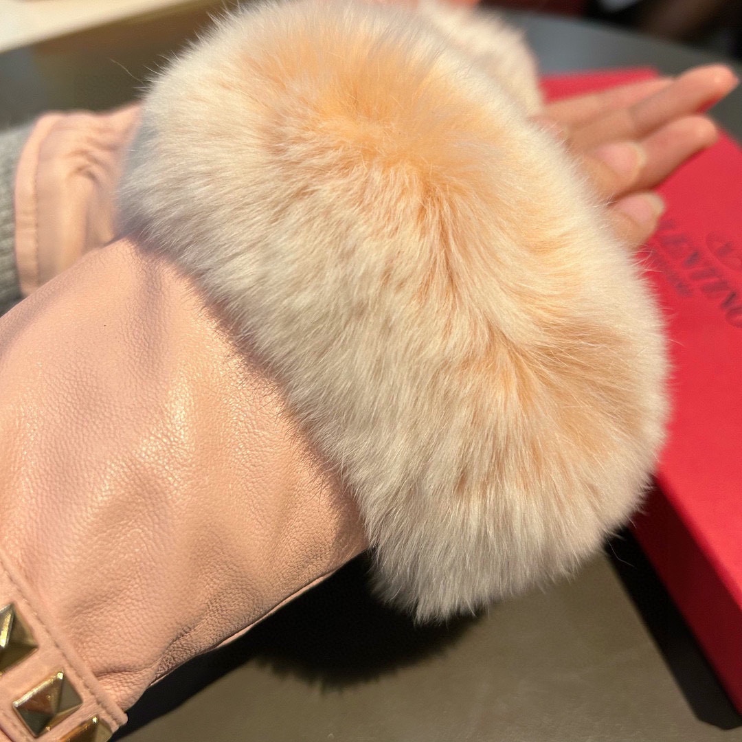 Bagsaaa Va1e*ntin0 Half Finger Fur Pink Leather Gloves