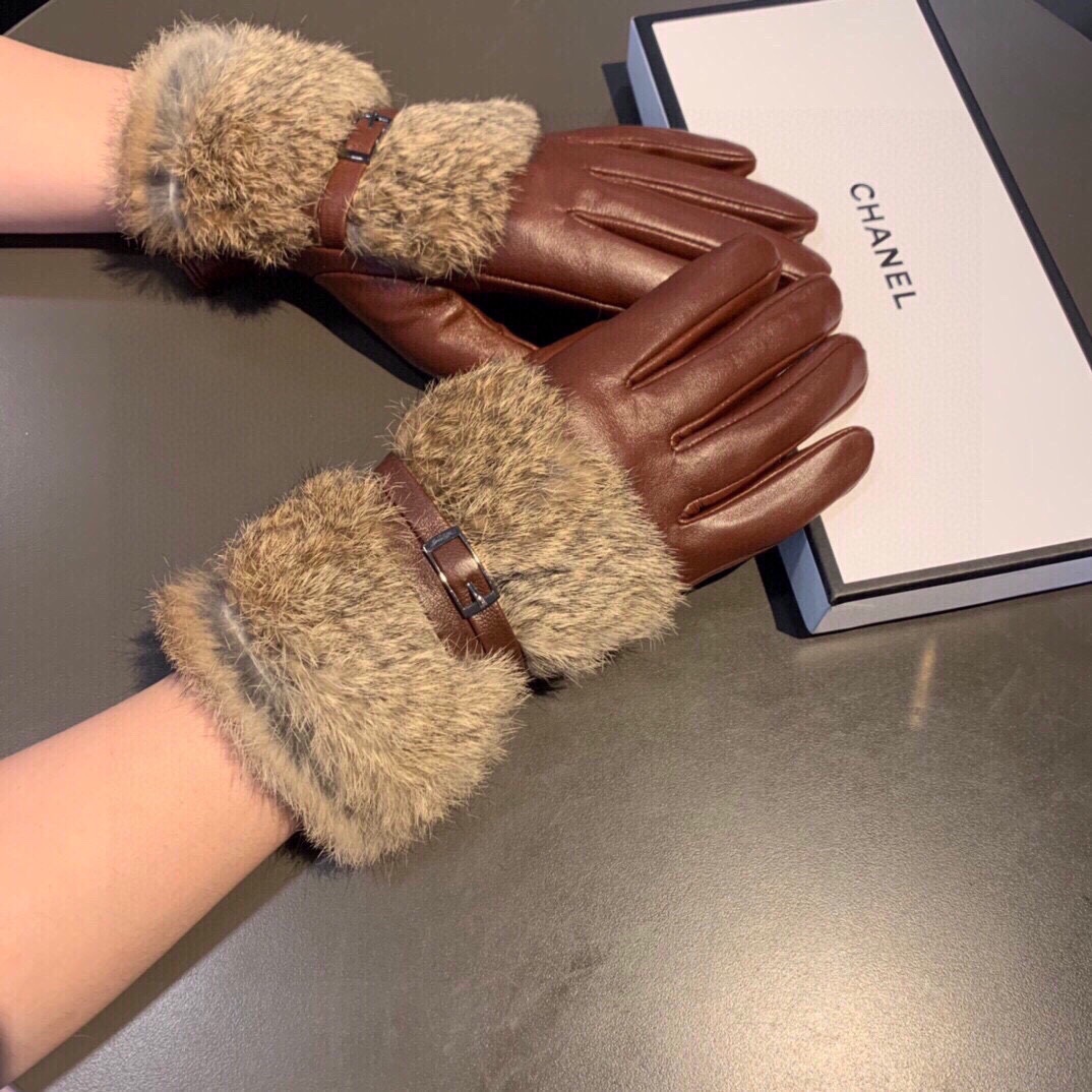 Bagsaaa Ch**el Fur and Leather Gloves black/brown