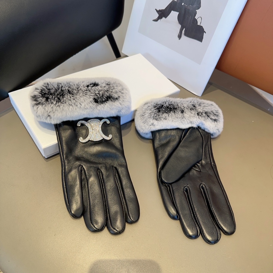 Bagsaaa Ce1i*e Black Leather Fur Gloves