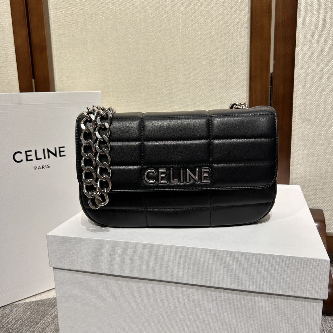 Bagsaaa Ce1i*e Chain Shoulder Bag Matelasse Monochrome Black Silver - 24x15x5cm