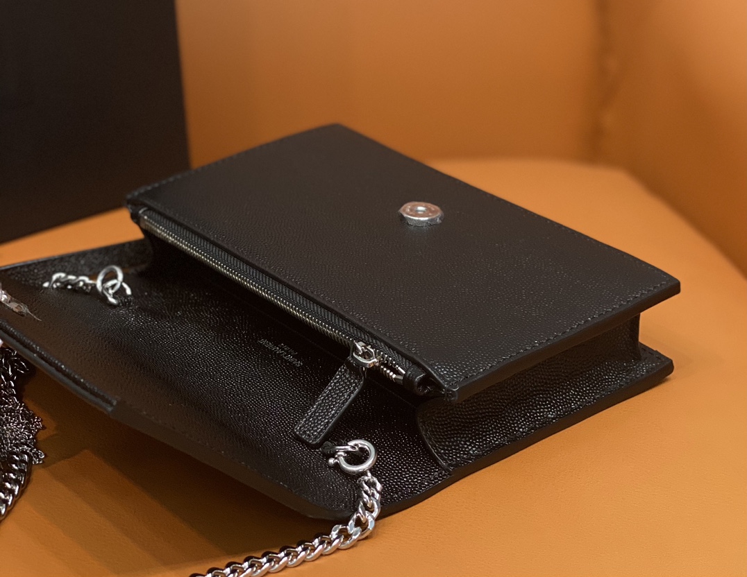 Bagsaaa Y51 Kate Tassel Bag Black Grained Leather Silver Hardware - 19x12.5x4cm