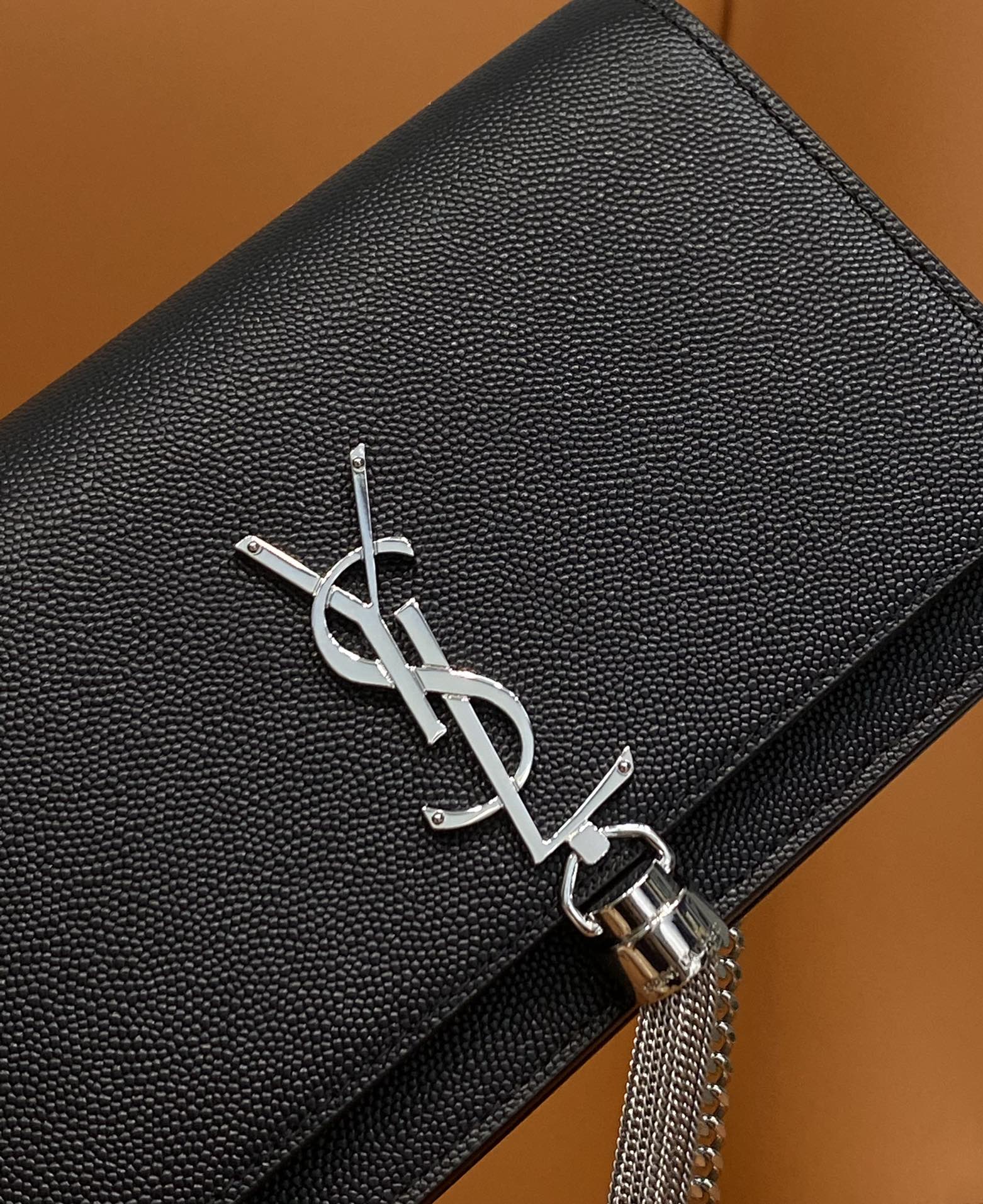 Bagsaaa Y51 Kate Tassel Bag Black Grained Leather Silver Hardware - 19x12.5x4cm