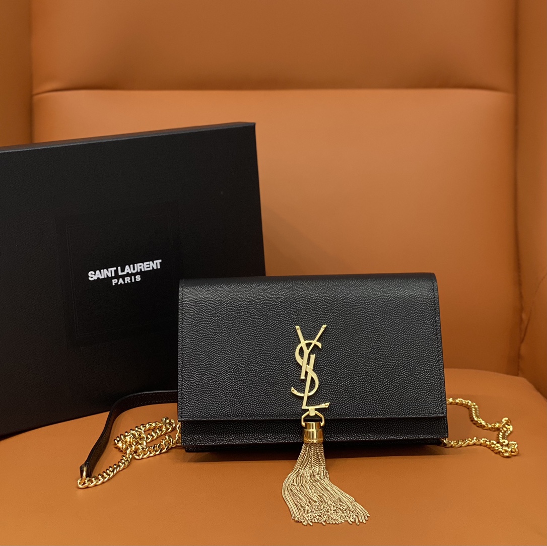 Bagsaaa Y51 Kate Tassel Bag Black Grained Leather Gold Hardware - 19x12.5x4cm