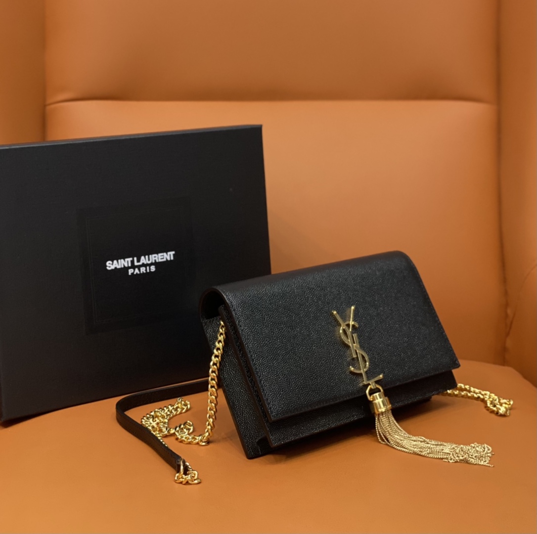 Bagsaaa Y51 Kate Tassel Bag Black Grained Leather Gold Hardware - 19x12.5x4cm