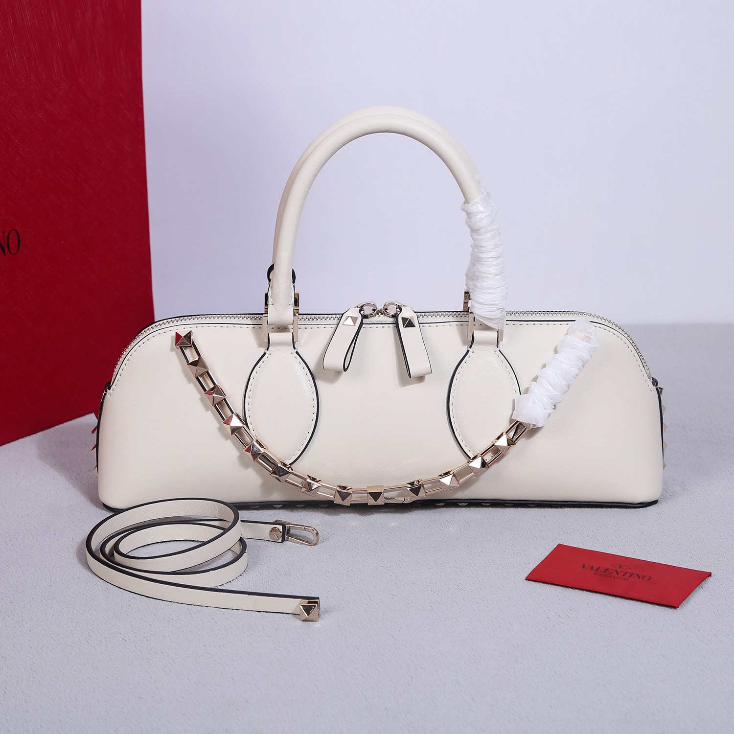 Bagsaaa Va1e*ntin0 garavani Rockstud E/W Calfskin Handbag White - 26 x 13 x 7cm