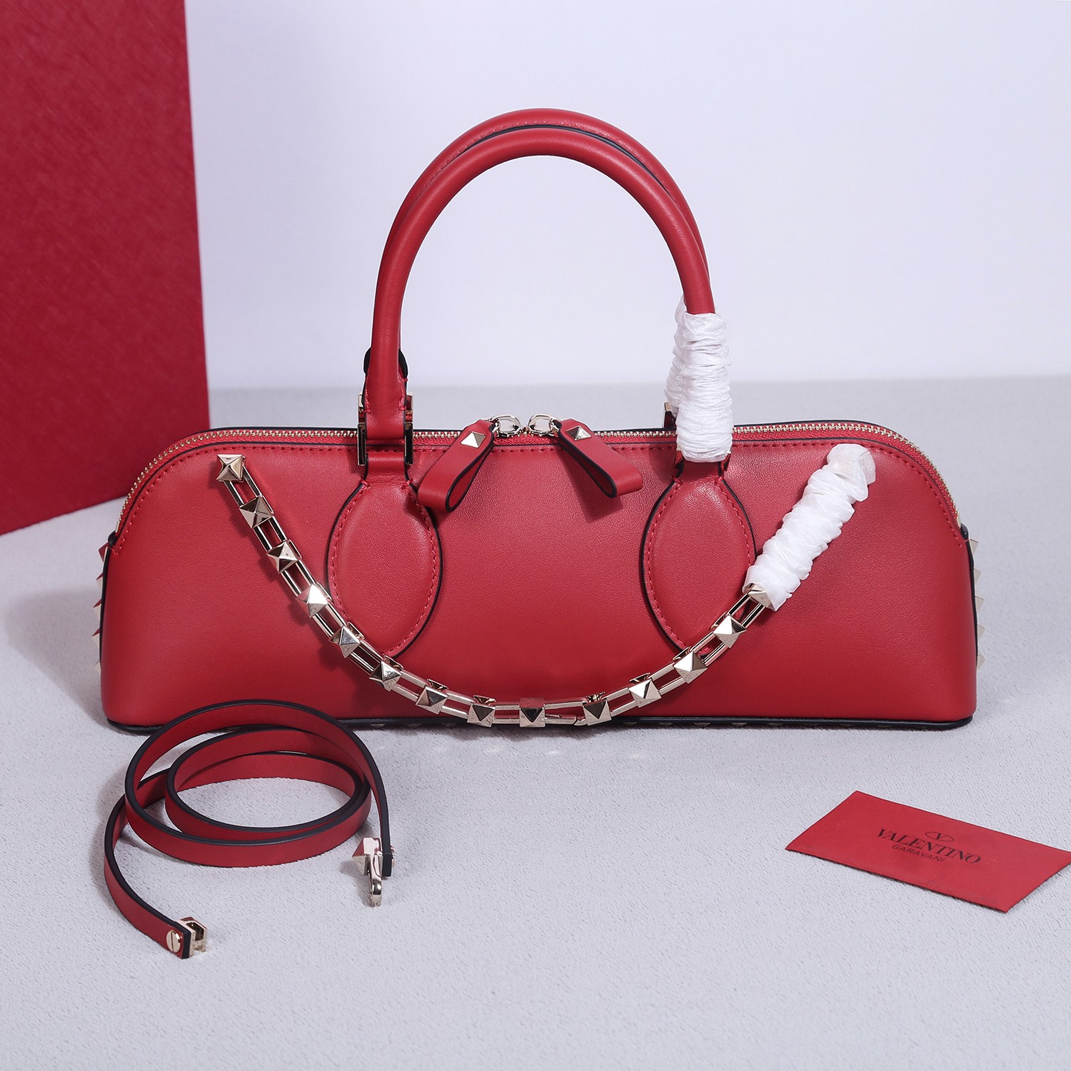 Bagsaaa Va1e*ntin0 garavani Rockstud E/W Calfskin Handbag Red - 26 x 13 x 7cm
