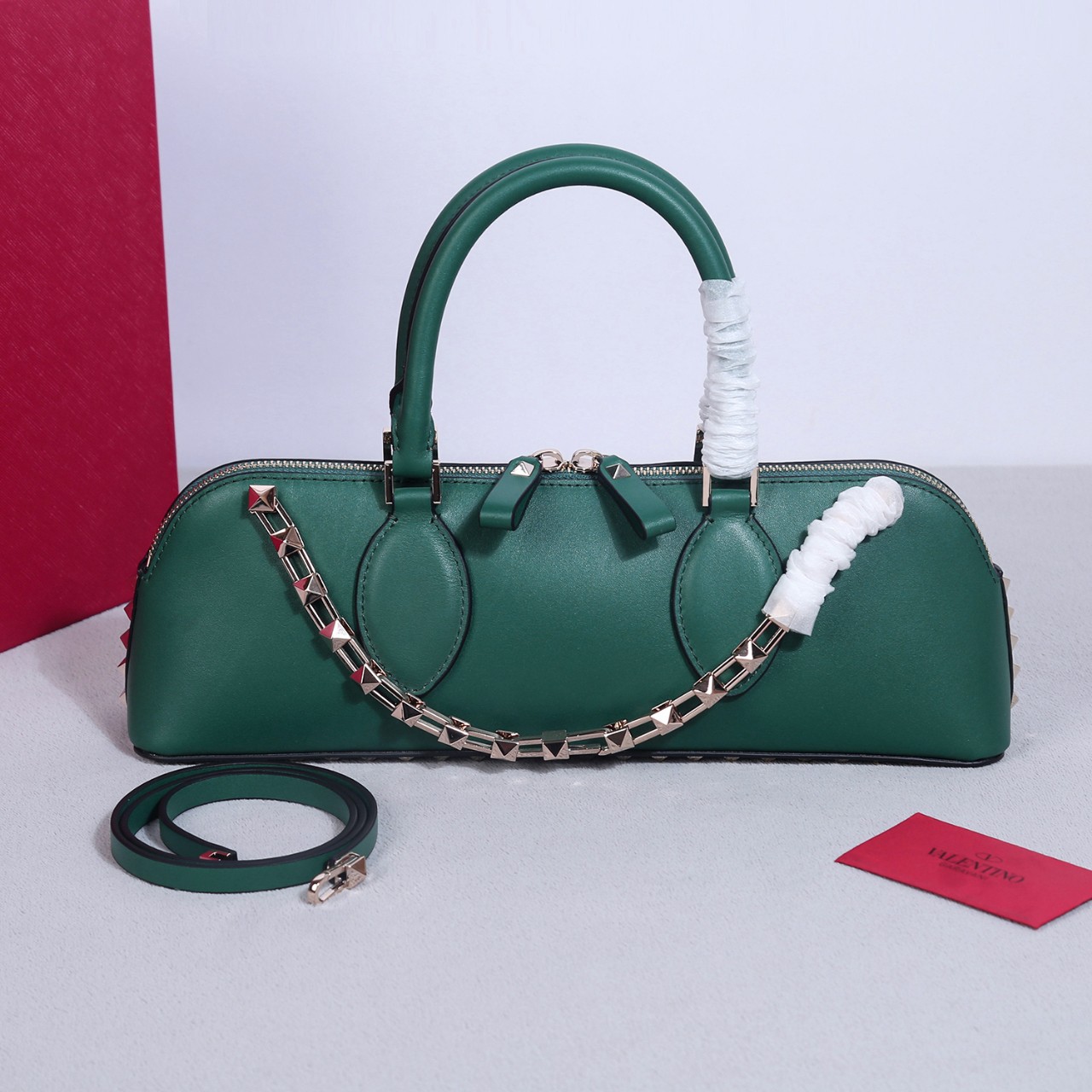 Bagsaaa Va1e*ntin0 garavani Rockstud E/W Calfskin Handbag Green - 26 x 13 x 7cm