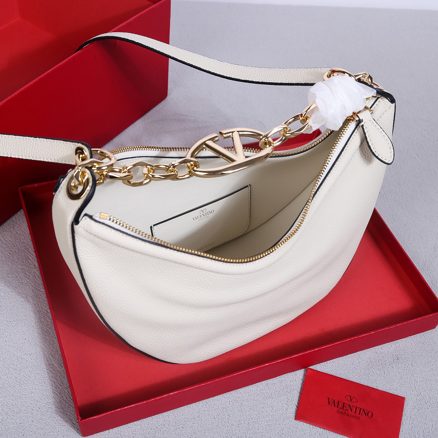 Bagsaaa Va1e*ntin0 Small Vlogo Moon Hobo Bag In Leather With Chain White - 29x 23x11cm