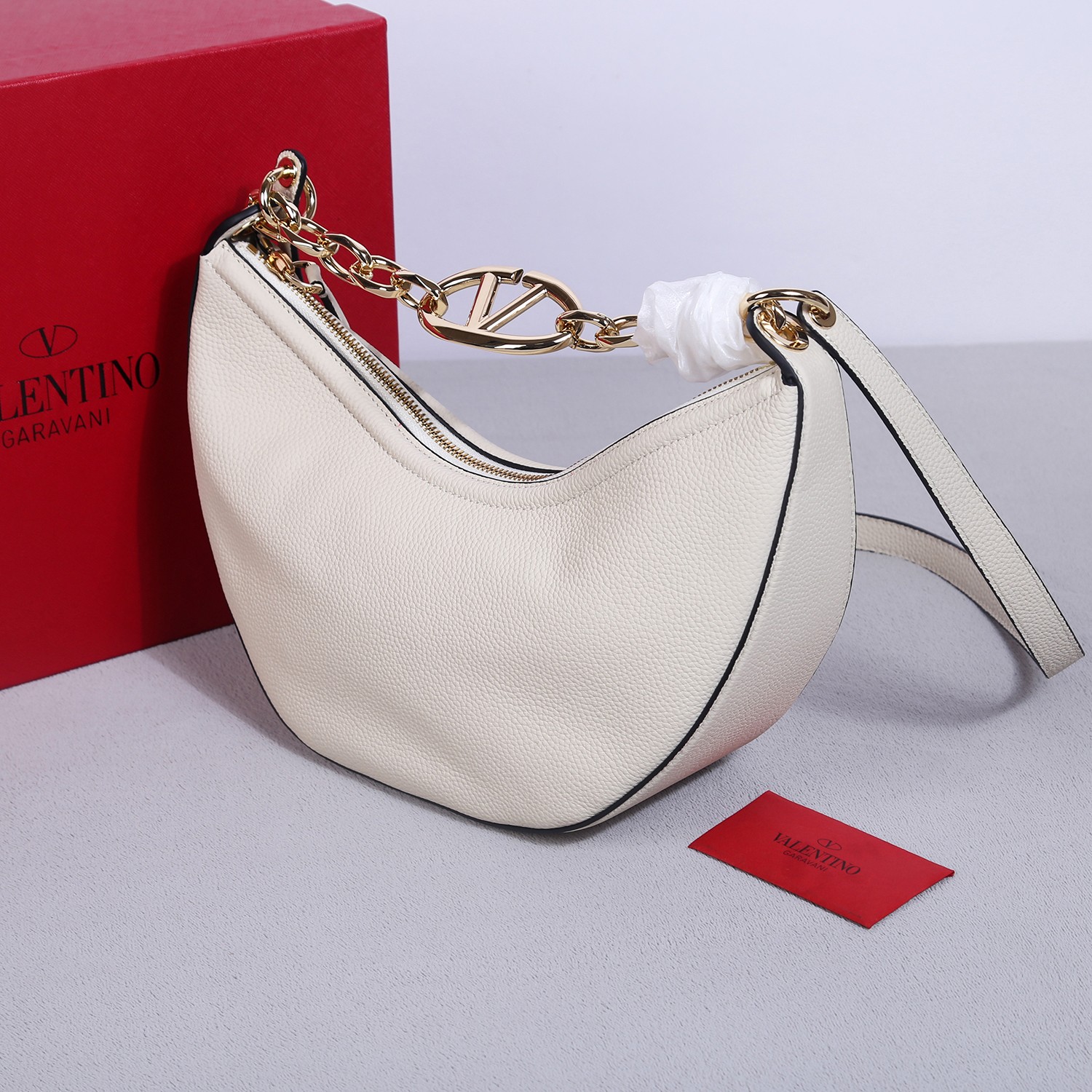 Bagsaaa Va1e*ntin0 Small Vlogo Moon Hobo Bag In Leather With Chain White - 29x 23x11cm